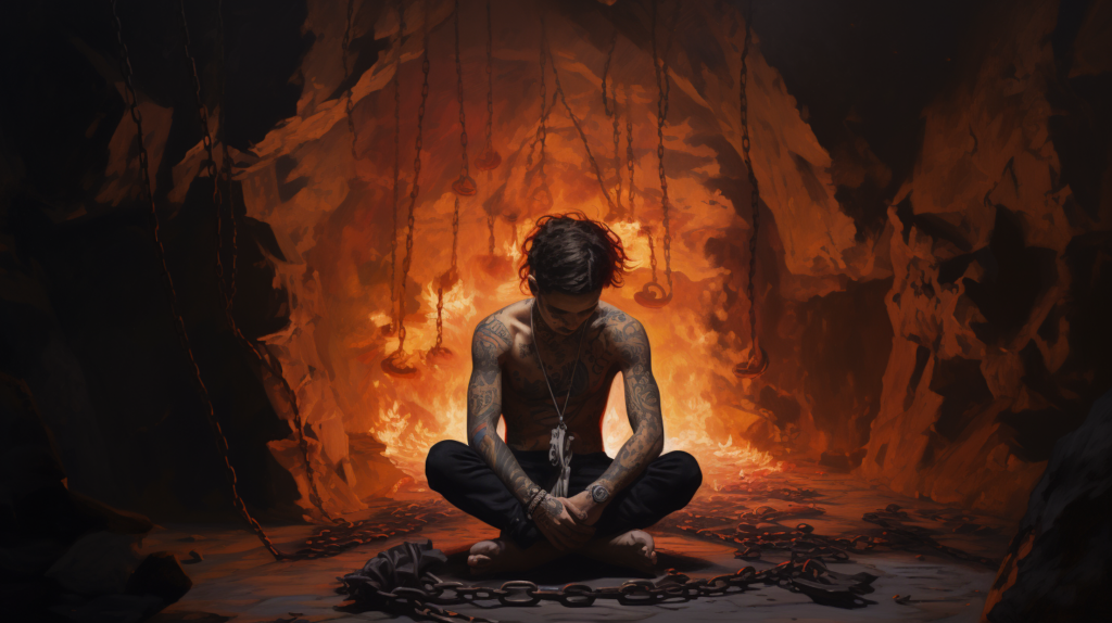 A young man in Plato's Cave suffering from Addiction