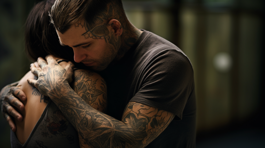 Person comforting distressed individual, symbolizing support for trauma and substance abuse"